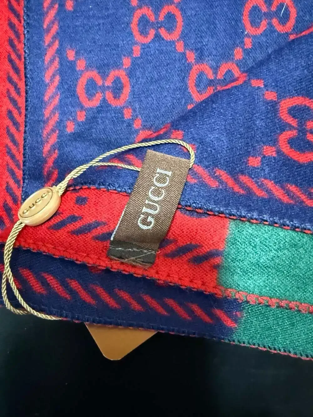 Gucci GG Wool Jacquard Scarf in Bordeaux and Blue with Green and Red Web Stripe